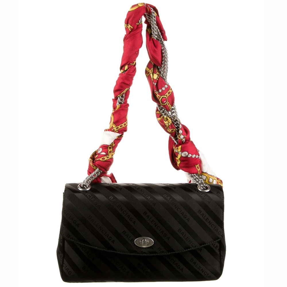 Balenciaga BB Satin Jacquard Black Logo Scarf Chain Shoulder Crossbody Bag Purse - Picture 2 of 13